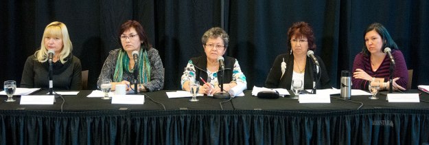 WORKING TOGETHER – Elaine Taylor, Doris Bill, Adeline Webber, Doris Anderson and Krista Reid are seen left to right at this morning’s news conference. Photo by Vince Fedoroff
